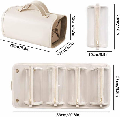 Leather Waterproof Cosmetic Bag,Portable 4-In-1 Foldable Cosmetic Bag,Detachable Large Capacity Makeup Organizer Toiletry Bag,Multi-Compartment Travel Accessories Makeup Case (brown)