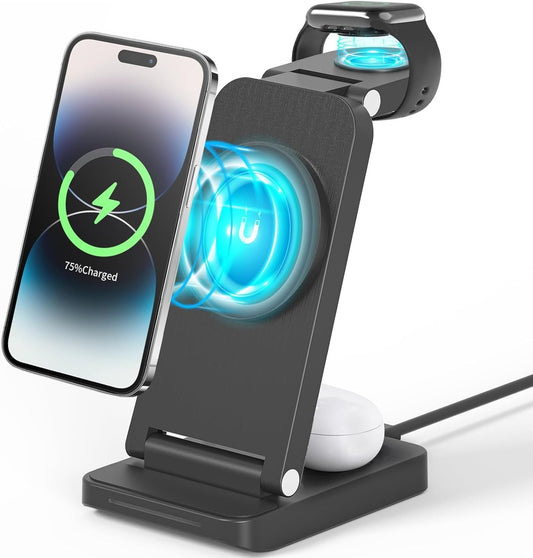 Besswin 3 in 1 Charging Station for Apple Devices, 15W Fast Wireless Charger for iPhone 16 15 14 13 12 11 X Pro Max & for Apple Watch 8/7/SE/6/5, Wireless Charging Stand Compatible with AirPods 4/3/2
