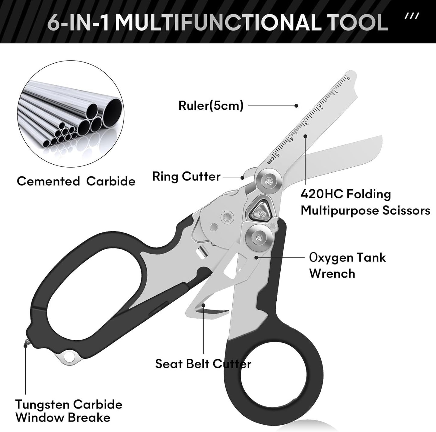 Trauma Shears Emergency Shears with Strap Cutter and Glass Breaker Stainless Steel Foldable Scissors Pliers, Outdoor Camping Rescue Scissors Tools â€¦ (Black)