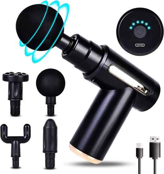 Massage Gun, Mini Massage Gun, Muscle Massager, Portable 6 Speed, USB C Charging Port and 4 Massage Heads, 40DB Ultra Quiet (Black)