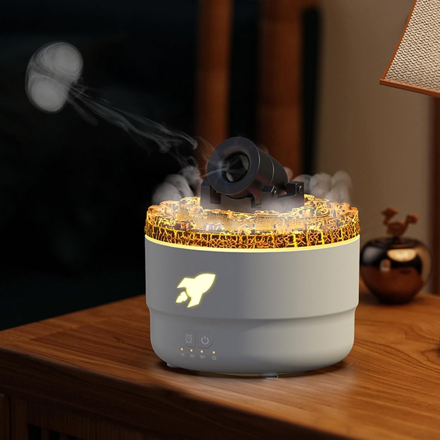 Home Air Diffuser, Turret Fire Mist Humidifiers, Homes Humidifier Diffuser, Flame Airs Diffusers with 7 Color Volcano Light, Timer and Auto-Off Protection for Bedroom Relaxation