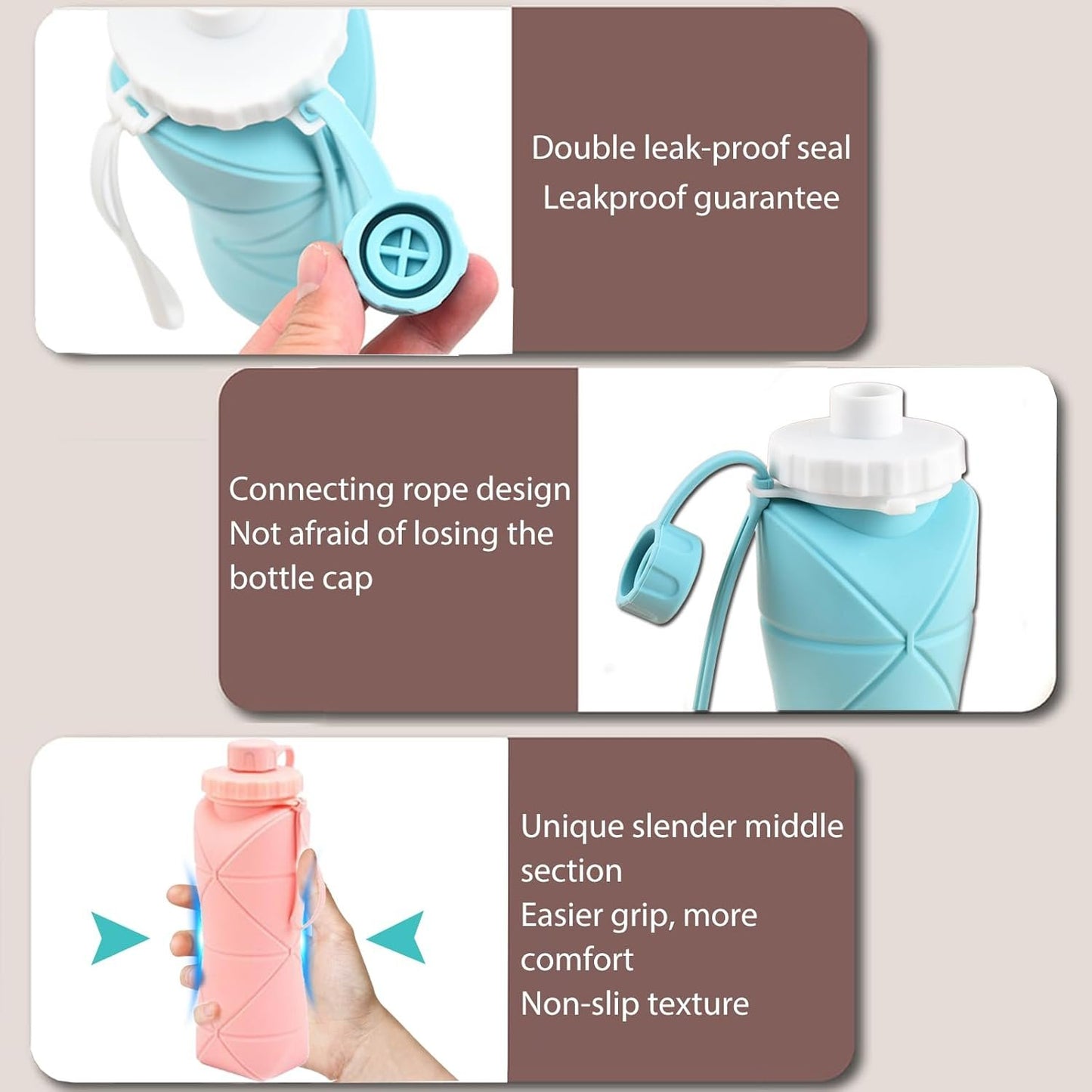 (2 Pack) RUNGOS Collapsible Water Bottle for Travel [Double Leak-proof Design] [Cap with Safety Rope] BPA Free Silicone Foldable Water Bottle for Outdoor Hiking Sports Lightweight, Couple (Green+Pink)