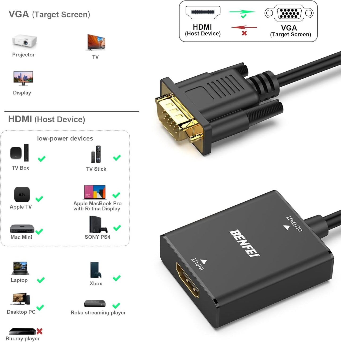 BENFEI HDMI to VGA, Uni-Directional HDMI (Source) to VGA (Display) Adapter (Female to Male) with 3.5mm Audio Jack Compatible for TV Stick, Computer, Desktop, Laptop, PC, Monitor, Projector, Roku, Xbox
