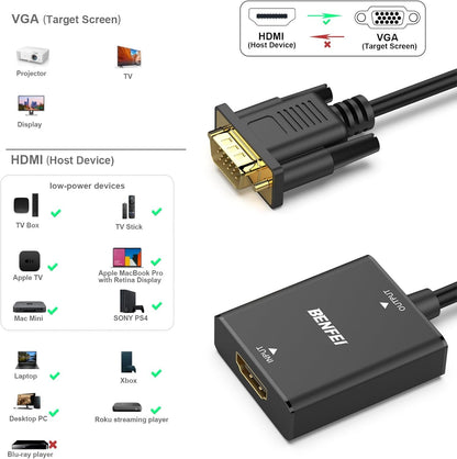BENFEI HDMI to VGA, Uni-Directional HDMI (Source) to VGA (Display) Adapter (Female to Male) with 3.5mm Audio Jack Compatible for TV Stick, Computer, Desktop, Laptop, PC, Monitor, Projector, Roku, Xbox