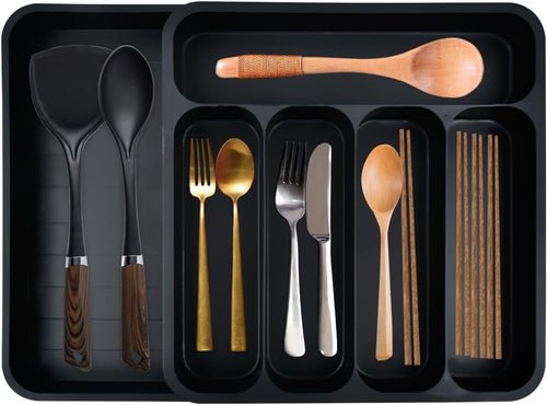 BUYGOO Expandable Cutlery Drawer Organiser, Utensil Drawer Organiser Cutlery Tray Kitchen Drawer Organiser 6 Compartment Adjustable Large Cutlery Drawer Inserts Knife and Fork Drawer Organiser, Black