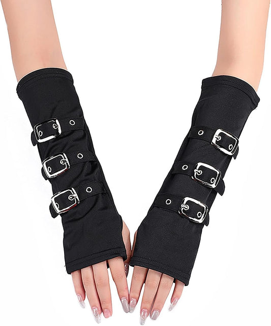 YJZQ Women's Long Fingerless Black Buckle Arm Gothic Punk Gloves - Cool Carnival Vampire Halo Wine Clothing Accessories