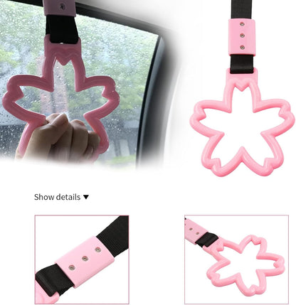 Bnapott 2 Pieces Car Handle Ring, Sakura Shaped Handle Hand Strap for Subway Train Bus, Car Exterior Accessories and Rear Bumper Warning Ring(Pink)