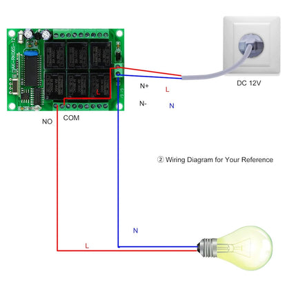 zolyet 433Mhz 6CH Channel Universal 10A Relay Wirel RF Remote Control Switch Receiver Module and 1PCS 6 Key RF 433 Mhz Transmitter Fixed Code (2262 Chip) Remote Controls Home Automation 1