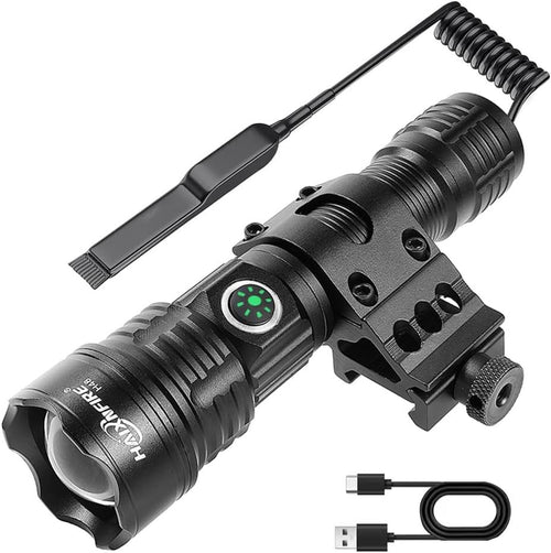 haixnfire Tactical Flashlight Type-C USB Rechargeable 6000 lumens Zoomable LED Waterproof flashlights with Pressure Switch Picatinny Rial Light