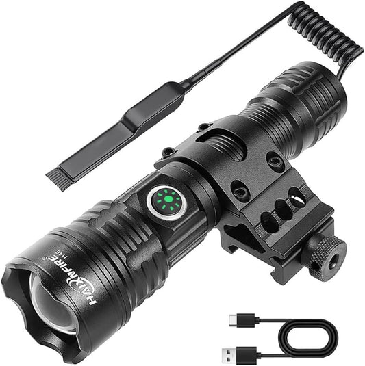 haixnfire Tactical Flashlight Type-C USB Rechargeable 6000 lumens Zoomable LED Waterproof flashlights with Pressure Switch Picatinny Rial Light