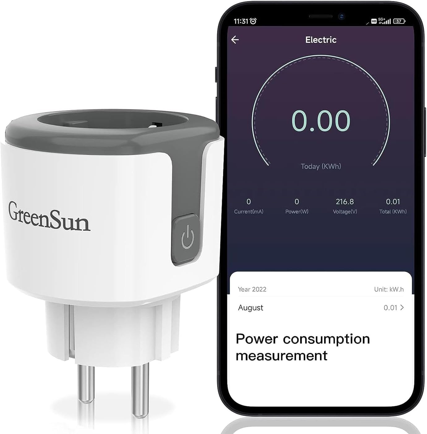 GreenSun WiFi Smart Socket, Smart Home Plug 16A, Energy Monitoring, Voice Control, Time Function, Compatible with Alexa & Google Home