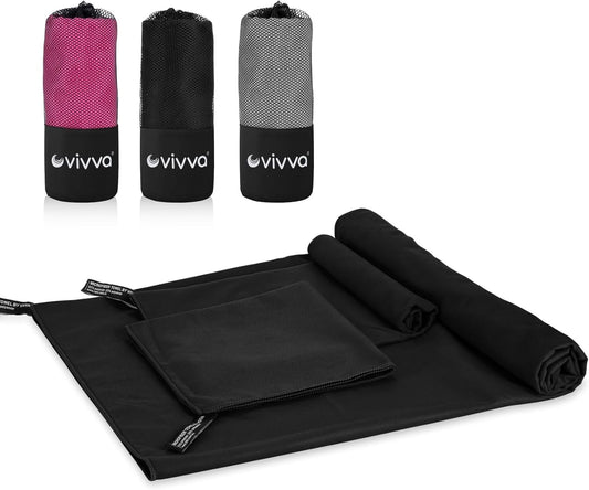 Vivva Microfibre Towel Travelï¼ŒCamping Towels Set of 3, Quick Drying Bath Towels, Sports Fitness Reversible Fleece Quick Drying Towels for Gym, Pool, Yoga, Beach, Outdoor Travel (Black)