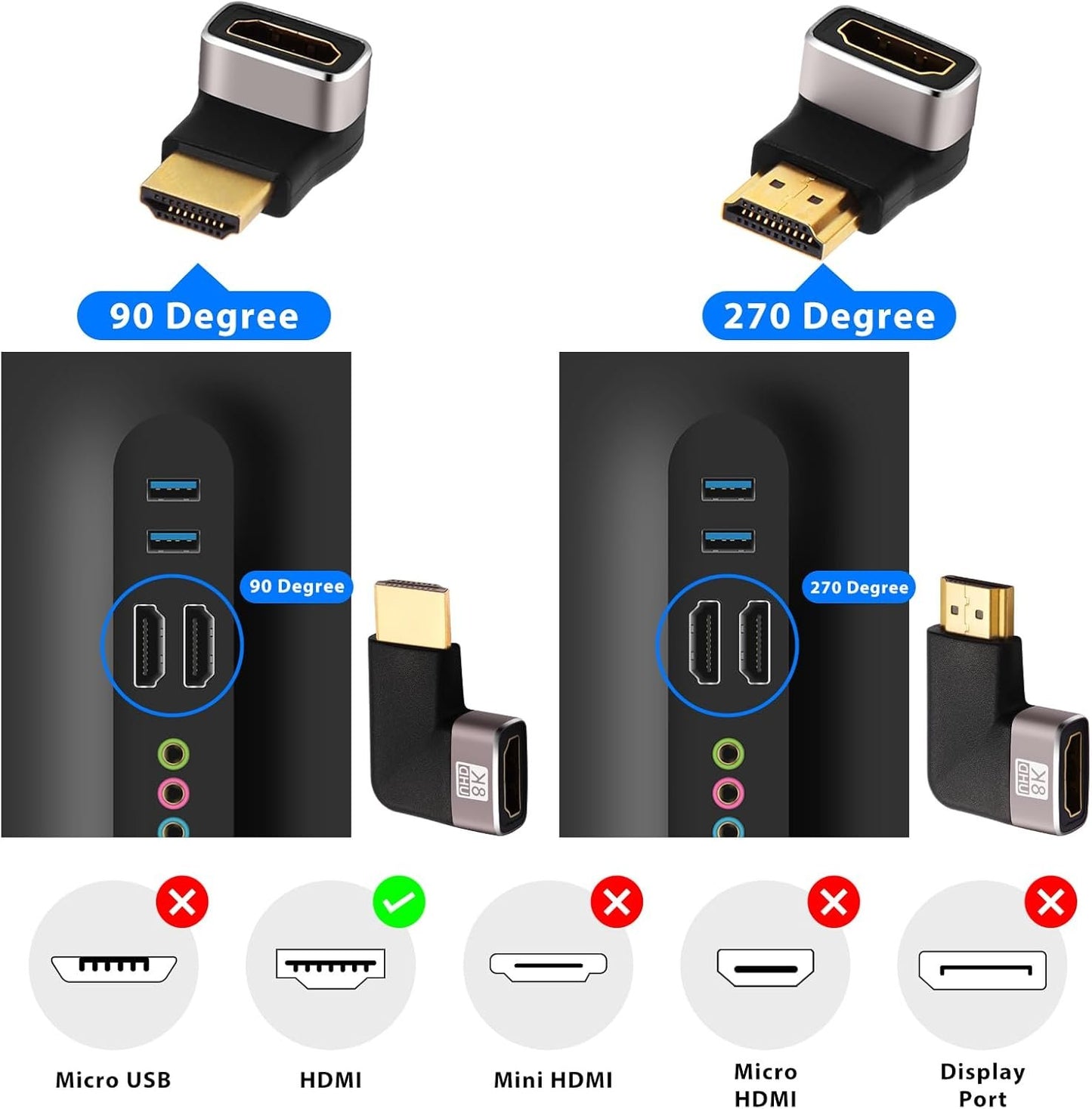 AIMHDUTY 8K HDMI Eblow 4-Pack HDMI Right Angle Adapter 90 and 270 Degree Gold Plated, Support 8K@60Hz,4K@120Hz,HDR,eARC for PC Laptop HDTV Switch