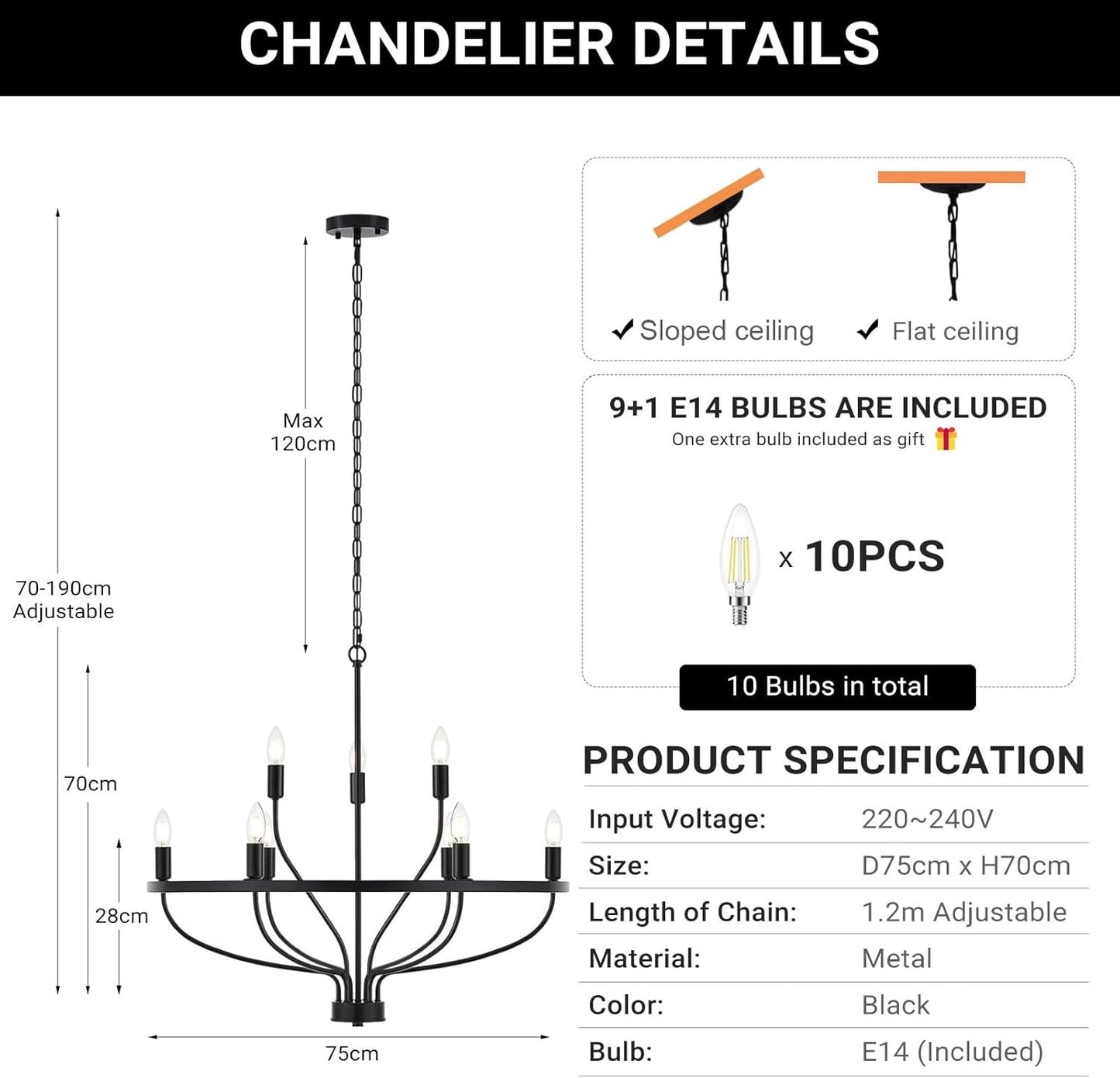 USOR 9-Light Black Chandelier Light Fixture Vintage Industrial Candle Chandelier Farmhouse Chandeliers Over Table Pendant Light for Dining Room Bedroom Living Room Kitchen D75cm E14 Bulbs Included