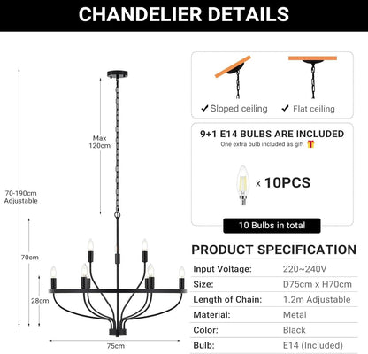 USOR 9-Light Black Chandelier Light Fixture Vintage Industrial Candle Chandelier Farmhouse Chandeliers Over Table Pendant Light for Dining Room Bedroom Living Room Kitchen D75cm E14 Bulbs Included