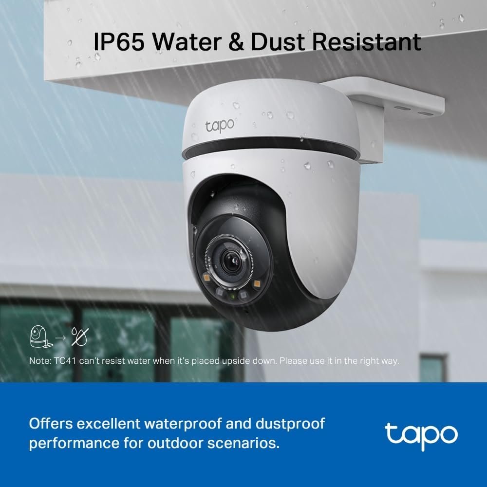 TP-Link Tapo Pan/Tilt Outdoor Security WiFi Camera, 2K, Full-Colour Night Vision, 360Â°, IP65, Smart AI Detection, Sound & Light Alarm, Up to 512 GB, SD Card Slot, No Hub Required (TC41)