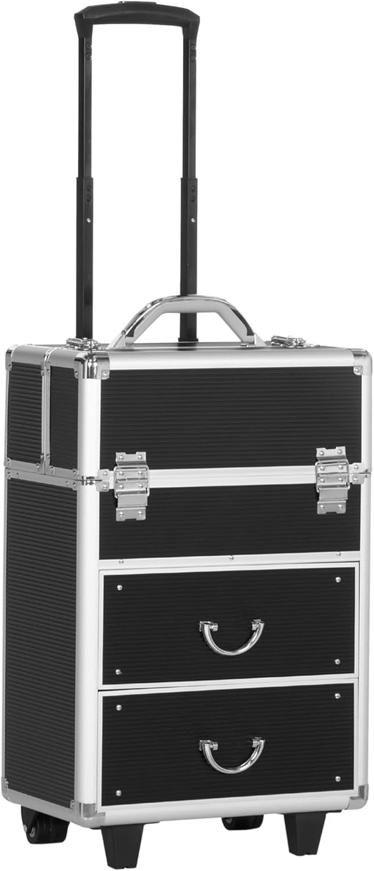 HOMCOM Professional Makeup Case, Reinforced Make Up Trolley in MDF, Aluminium and Steel, Lock with 2 Keys and Wheels, 36 x 23 x 58 cm, Black, modern