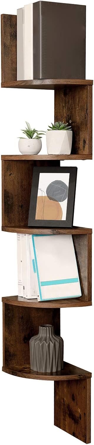 VASAGLE Corner Bookcase, Corner Wall Shelf, 5 Tier Wall Shelf, Bedroom Living Room Bathroom Study, Plant Holder, Vintage Brown