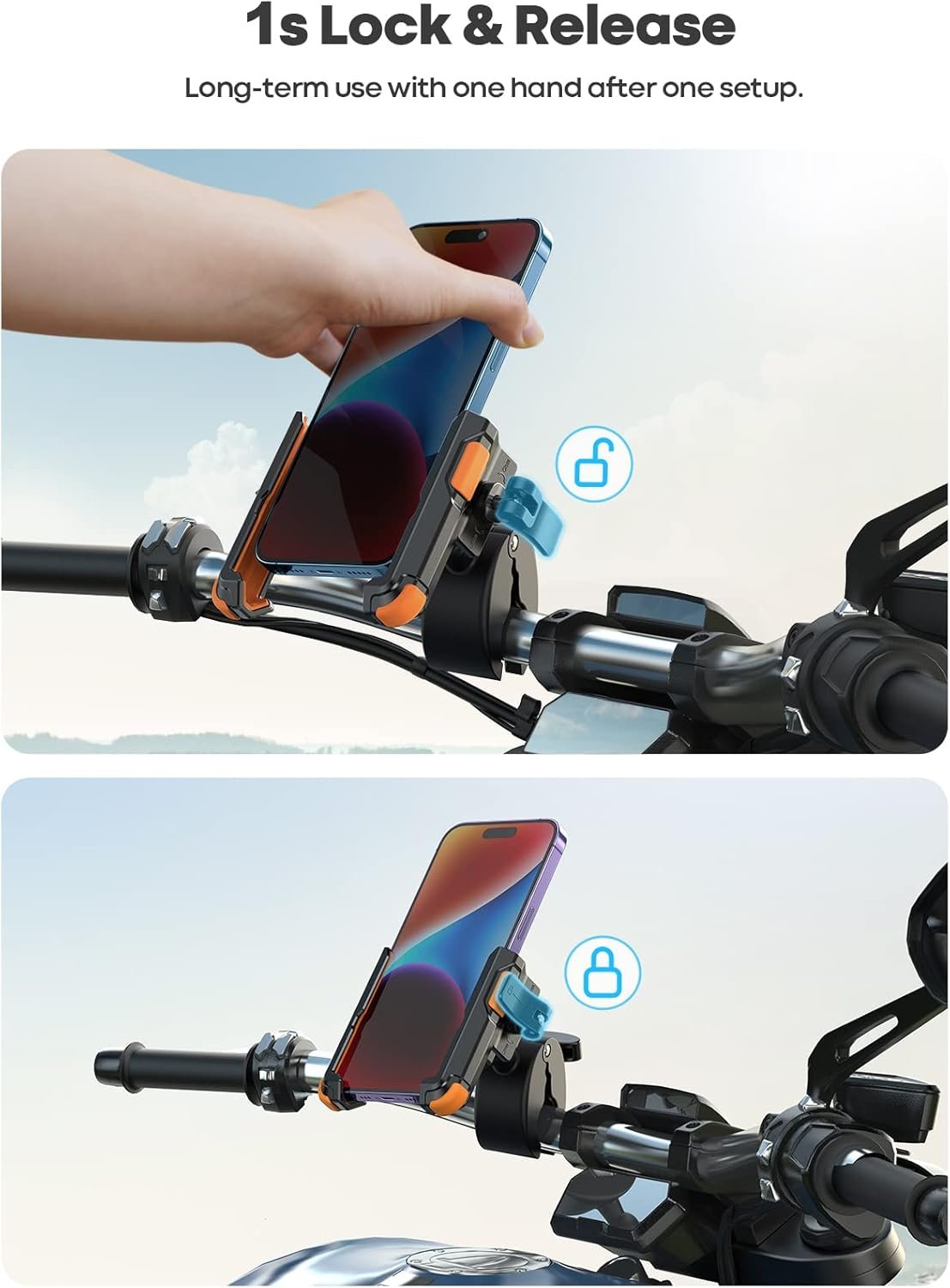 Lamicall Motorcycle Phone Mount Holder - [Camera Friendly] [1s Lock] 2023 Bike Phone Holder Handlebar Clamp, Bicycle Scooter Phone Clip, for iPhone 13 14 15 1a6 Pro Max Plus, 2.4~3.54" Wide Phone