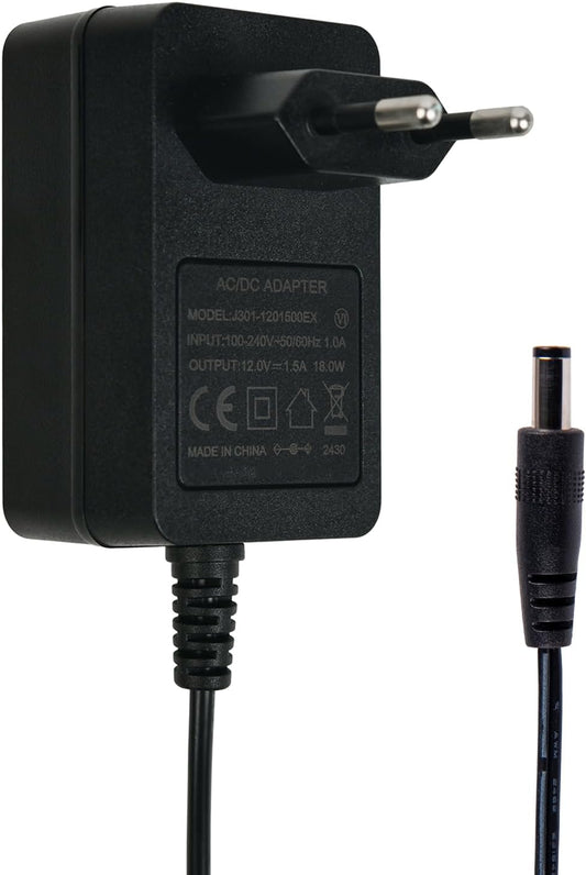 Universal Power Supply 12V 1.5A with Hollow Plug 5.5mm x 2.5mm Compatible with Many Devices - 1.2m Black Cable