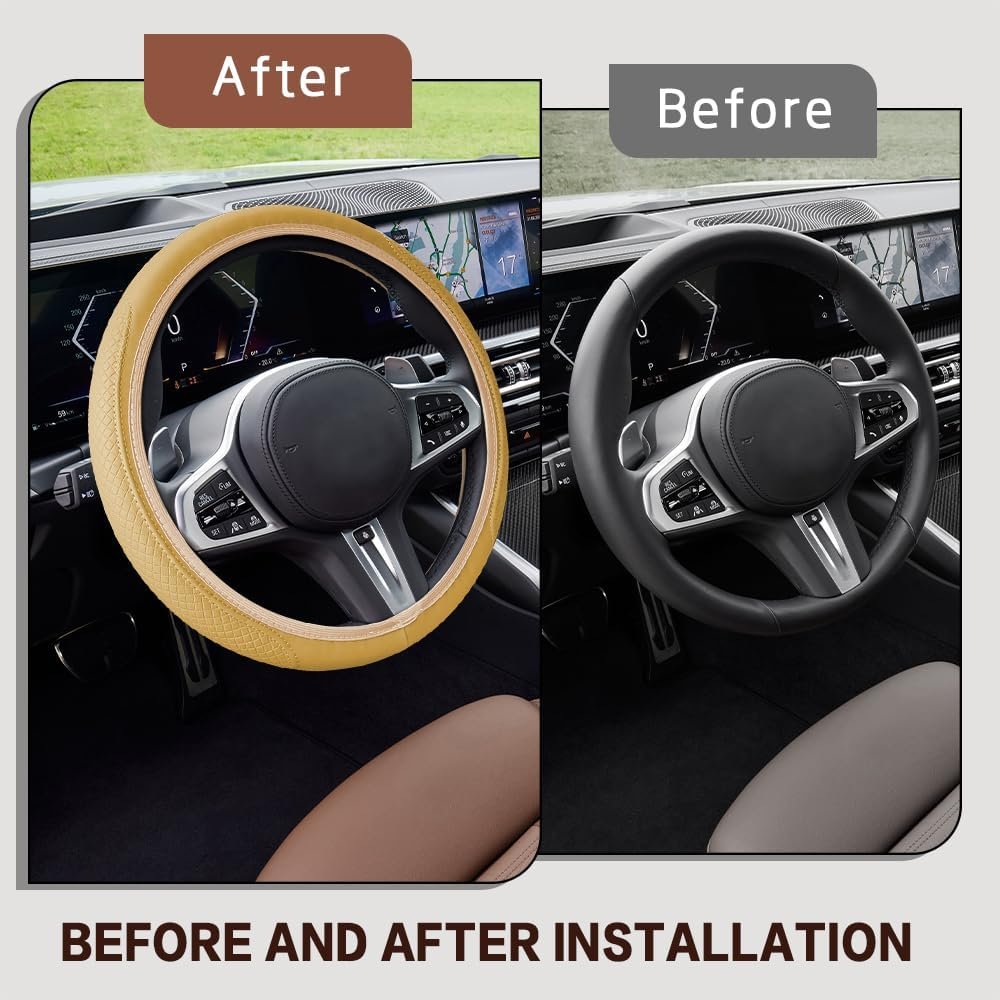 deemars Car Steering Wheel Cover, 15 Inch Universal Microfiber Leather Car Steering Wheel Cover, Car Interior Accessories for Men and Women (Beige)