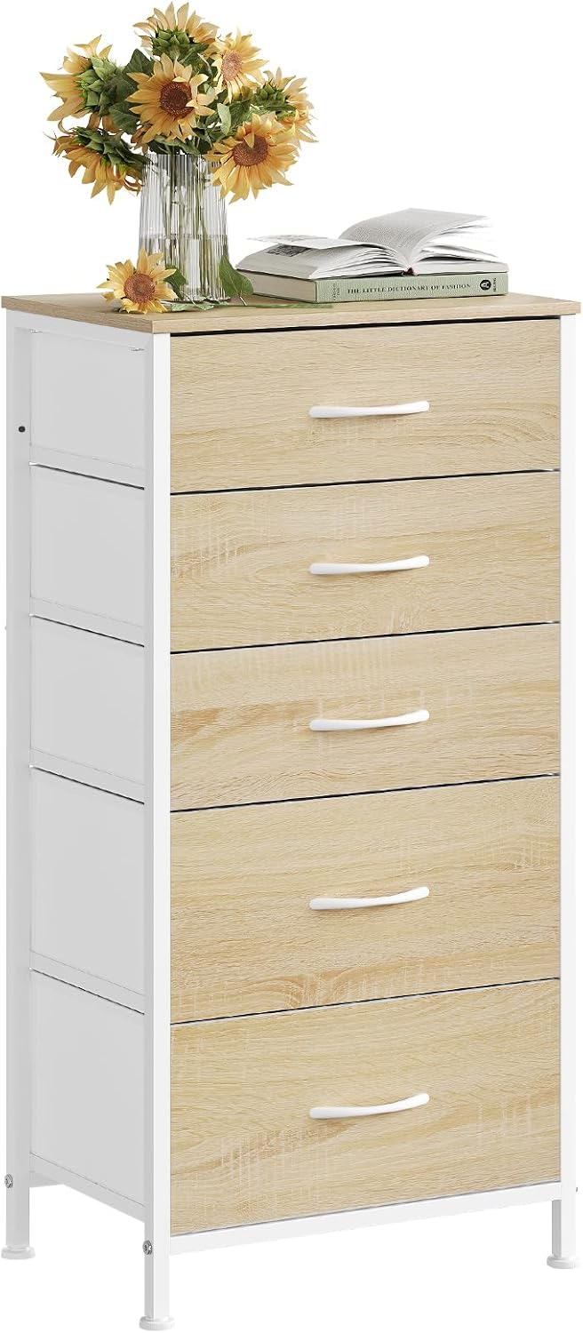 WOLTU Fabric Bedroom Chest of Drawers 5 Drawer Chest of Drawers for Hallway Bedroom Living Room Vintage Style Metal MDF Frame SSK004whe