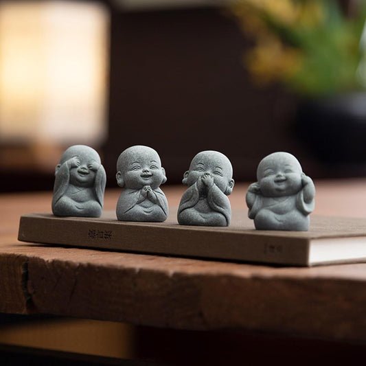 UTTCMK Laughing Buddha Statue Decor - 4Pcs Small Zen Monk Sandstone Buddha Sculpture for Wealth Good Luck Feng Shui Decor, Cute Buddha Decor for Home Office Desk Indoor and Outdoor Decor(Gray)