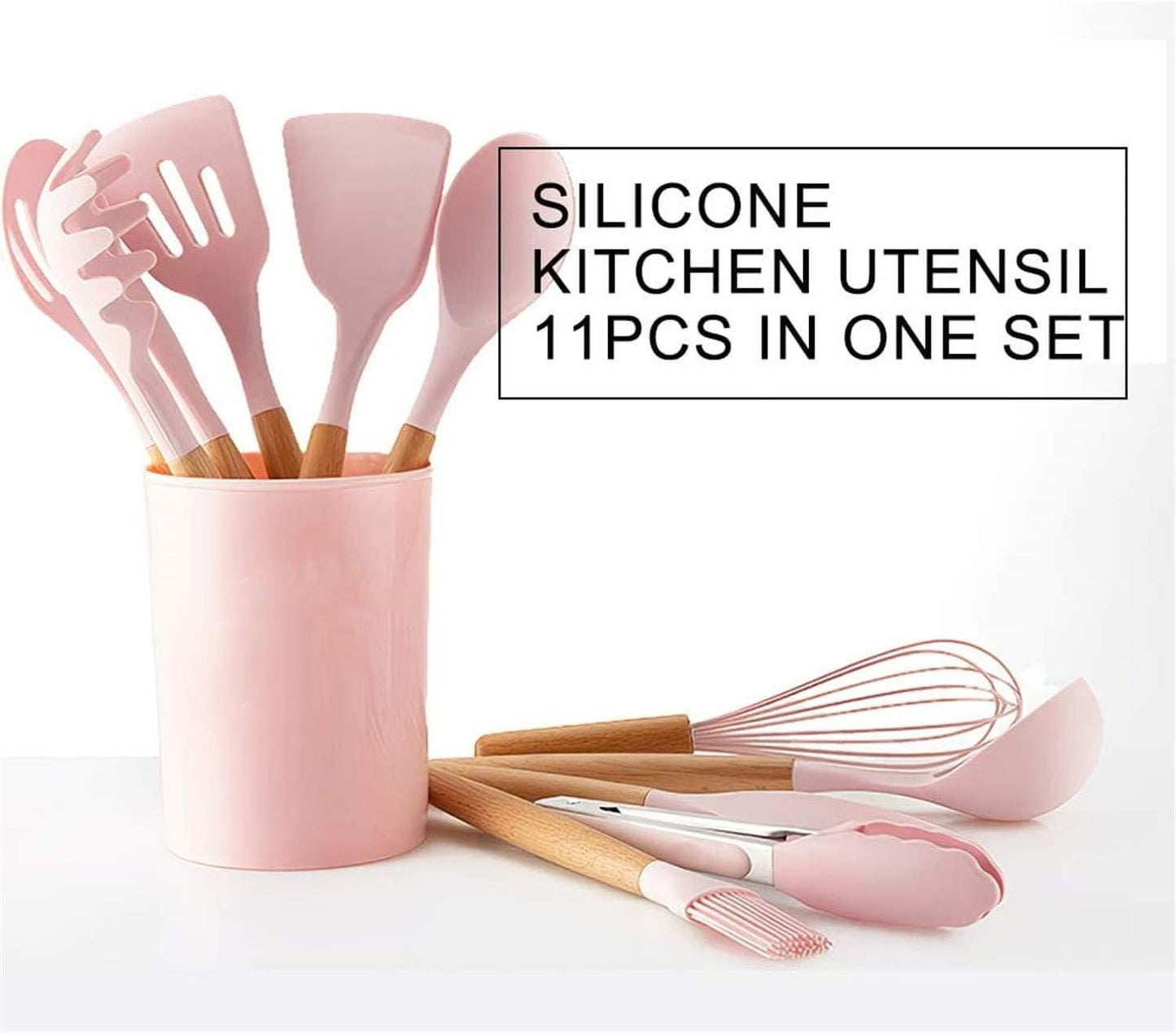 Hubei Silicone Kitchen Utensils Set Kitchen Utensils Wooden Handles Heat Resistant Kitchen Gadgets Grey Kitchen Utensils Non-Stick (Pink-12pcs)