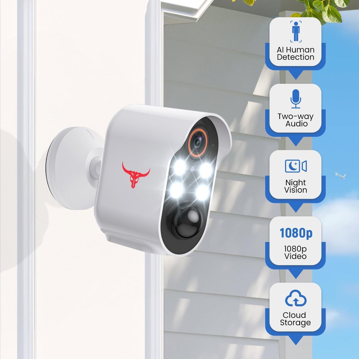 1080P Security Camera Wireless Outdoor with 2-Way Talk for Home Security, Color Night Vision, PIR Motion Detection, Cloud Storage, Live View Bullet Surveillance Cam