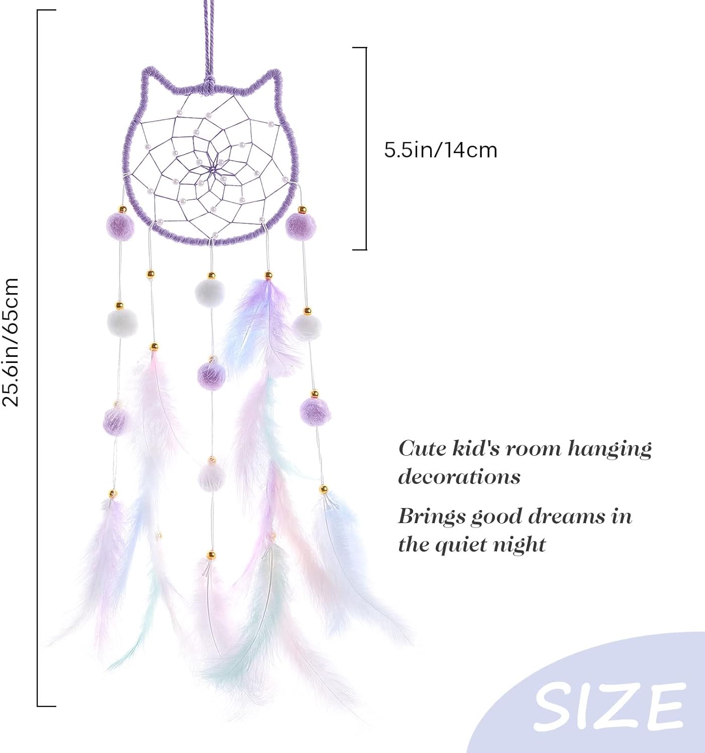 Pretty Jolly Purple Cat Kids Dream Catcher Wall Decor Pompom Feather Baby Dreamcatcher Handmade Children Dream Catcher Home Décor Wall Hanging for Nursery Bedroom Boys Girls Birthday Gift-25.6in
