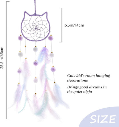 Pretty Jolly Purple Cat Kids Dream Catcher Wall Decor Pompom Feather Baby Dreamcatcher Handmade Children Dream Catcher Home Décor Wall Hanging for Nursery Bedroom Boys Girls Birthday Gift-25.6in