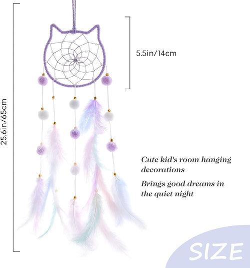 Pretty Jolly Purple Cat Kids Dream Catcher Wall Decor Pompom Feather Baby Dreamcatcher Handmade Children Dream Catcher Home Décor Wall Hanging for Nursery Bedroom Boys Girls Birthday Gift-25.6in