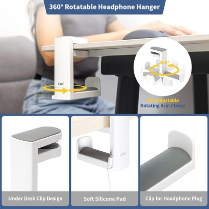 KIWIFOTOS Headphone Stand Holder Under Desk, PC Gaming Headset Hook Hanger Mount with 360 Adjustable Rotating Arm Clamp & Built in Cable Clip - White