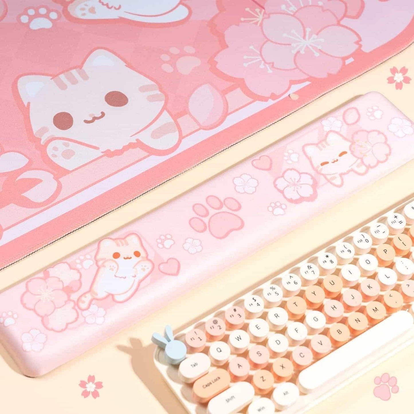 BelugaDesign Sakura Cat Desk Pad | NS Switch Keyboard Laptop Gaming Setup Accessories Mat Large Mat Mousepad | Pastel Pink Bunny Kawaii Cute Anime Desk Mat Blotter Protector with Gel Wrist Support
