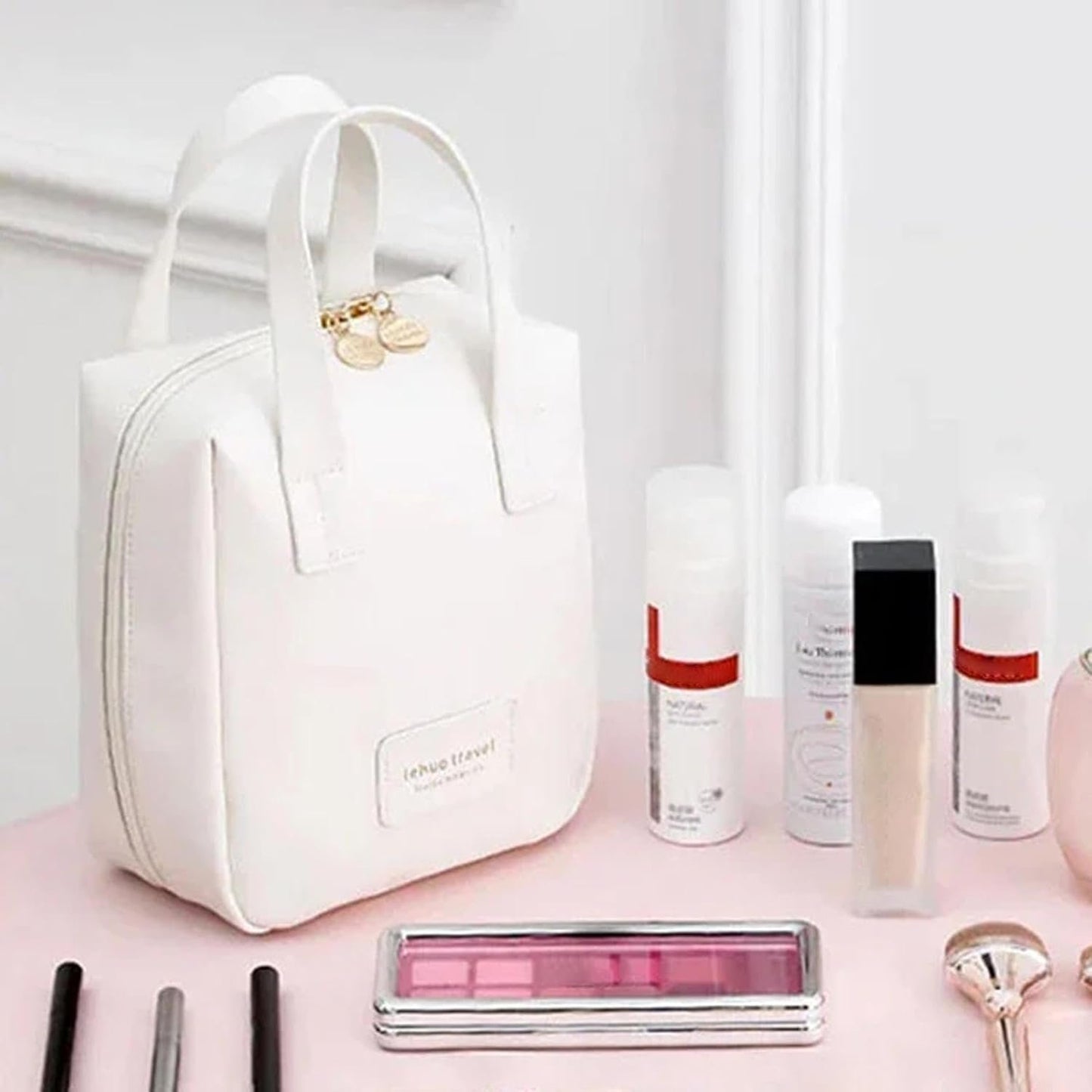 Toiletry Bag | Toiletry Bag for Women | Large PU Leather Organizer - Toiletry Bag with 2 Compartments and 6 Pockets - Water-Resistant Portable Hygiene Bag for Makeup - Travel Companion, White