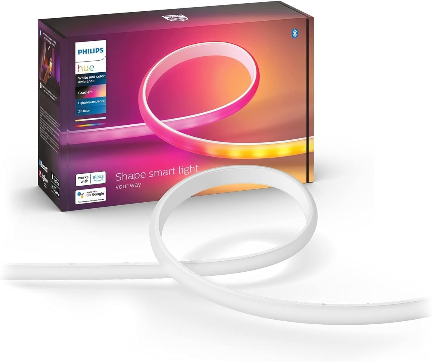 Philips Hue Bluetooth Gradient Ambiance Smart Lightstrip 2m/6ft Base Kit with Plug, (MutiColour Strip, Works with Apple Homekit and Google Home), White,570556