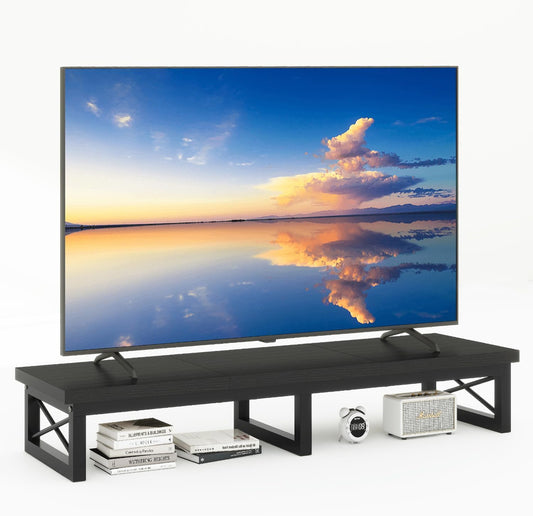 IBUYKE TVT002B 32-60 Inch TV Stand, Low Cabinet for 2 Tiers, Office Desk with Double Screen, TV Cabinet for Living Room and Bedroom, Black