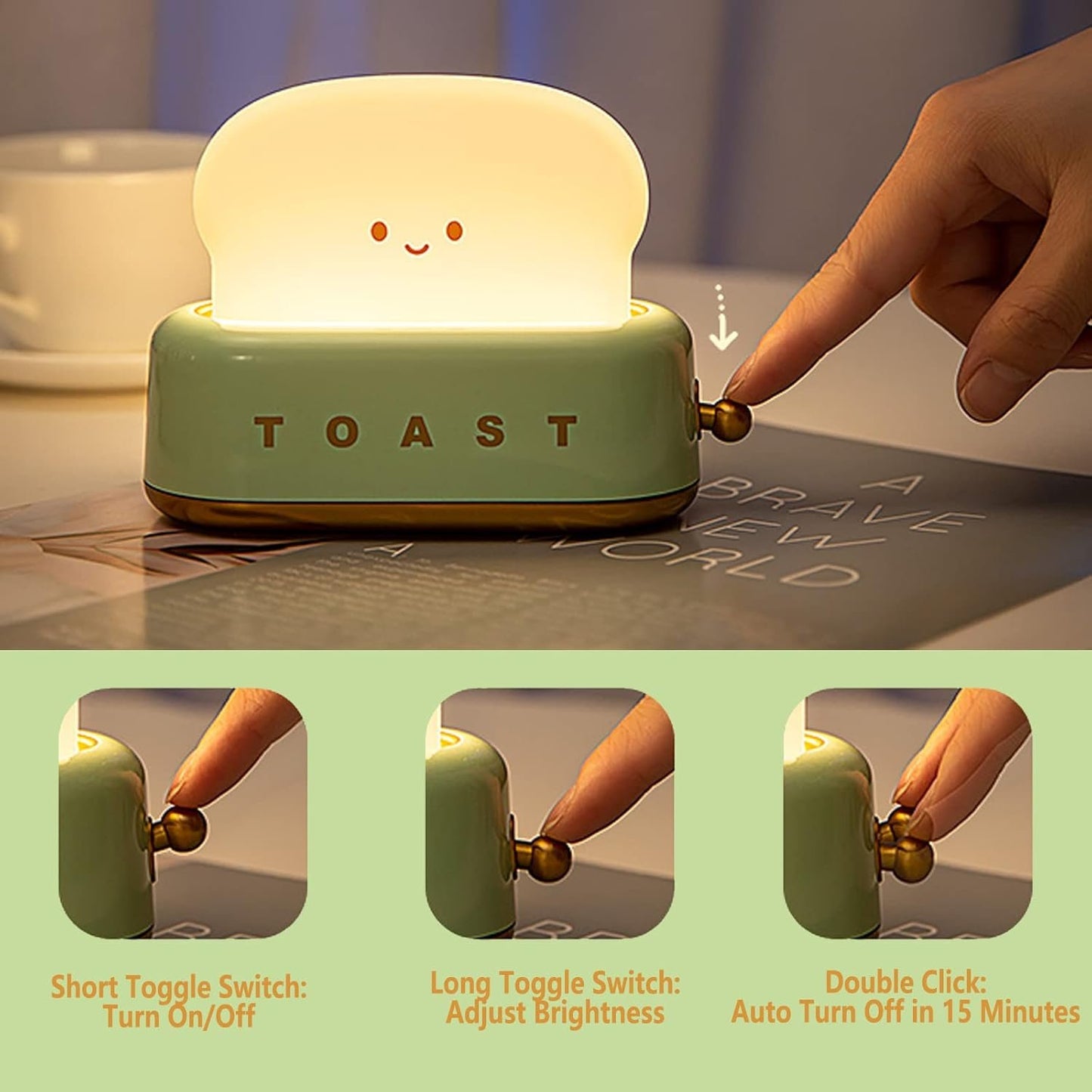 DEALFUN Smiling Toast Bread Toaster Night Light Lamp,Rechargeable Small Beside Lamp in Cute Shape for Room Decor,Bedroom,Bedside,Living Room,Dining,Desk Decoration Men,Women,Kids,Boys,Girls,(Green)