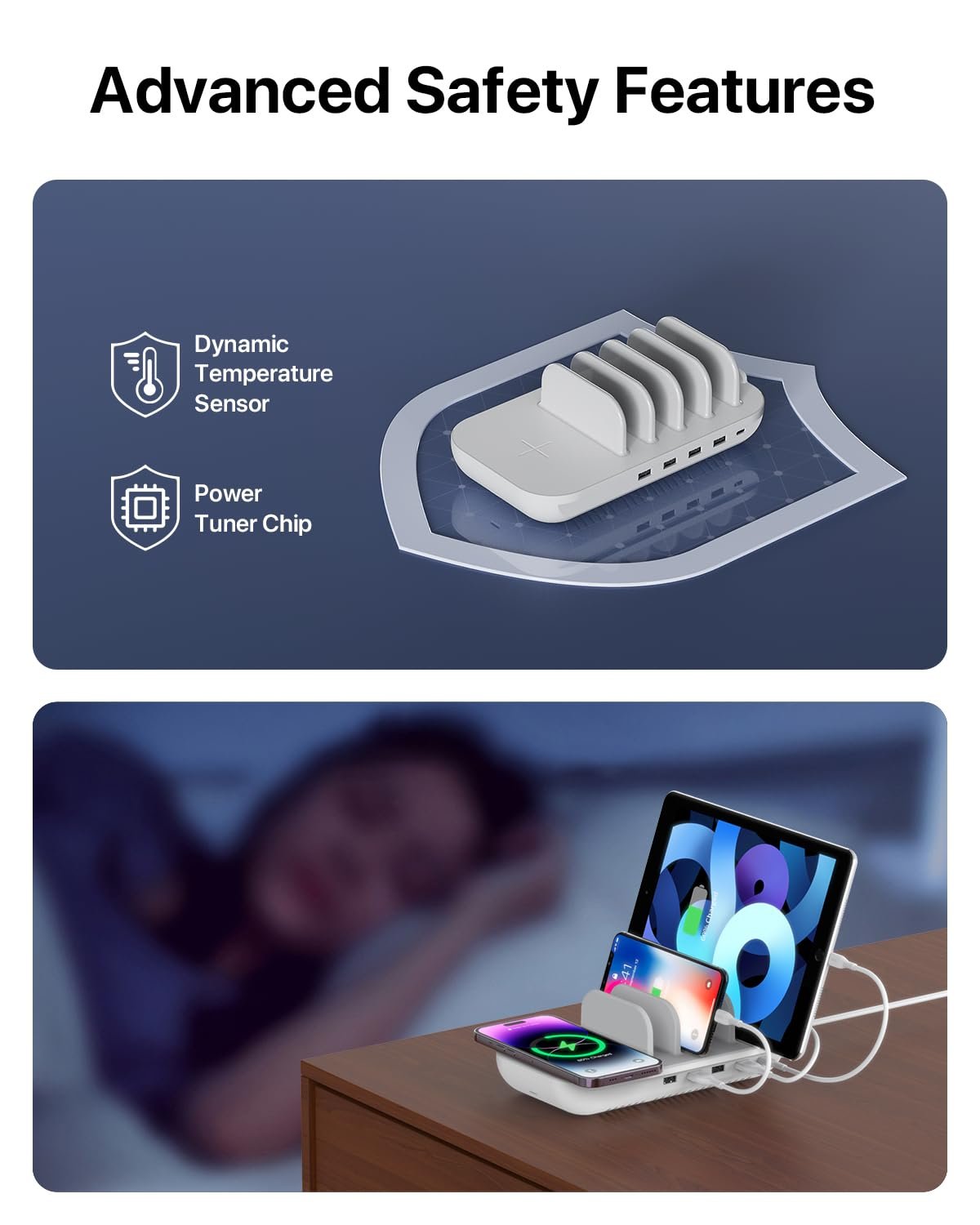 SOOPII 70W 5-Port Charging Station with 15W Wireless Charging Pad, 5 Cables Included, 1 USB-C with 25W Power Delivery,Compatible with PPS for lpad pro,Galaxy S21/S20, and 4 Ports for Phones, Tablets……