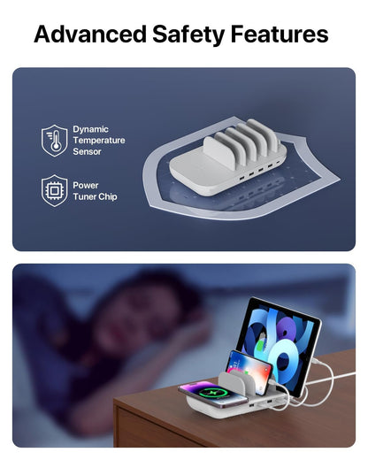 SOOPII 70W 5-Port Charging Station with 15W Wireless Charging Pad, 5 Cables Included, 1 USB-C with 25W Power Delivery,Compatible with PPS for lpad pro,Galaxy S21/S20, and 4 Ports for Phones, Tablets……