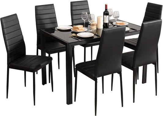 Giantex Kitchen Dining Table Set, Glass Tabletop Dining Room Set with Leather Padded 6 Chairs, Rectangular Modern Metal Frame Table for Dining Room, Kitchen, Dinette, Compact Space, Black