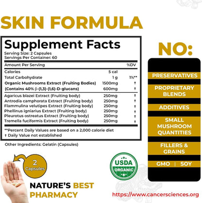 Cancer Sciences Skin Wellness Supplement, USDA Certified Organic Extract Mushrooms Supplement, Extra Strength 1,500 mg, High Potency 40% Beta-Glucans, Immune Support, Glowing Complexion, 120 Capsules