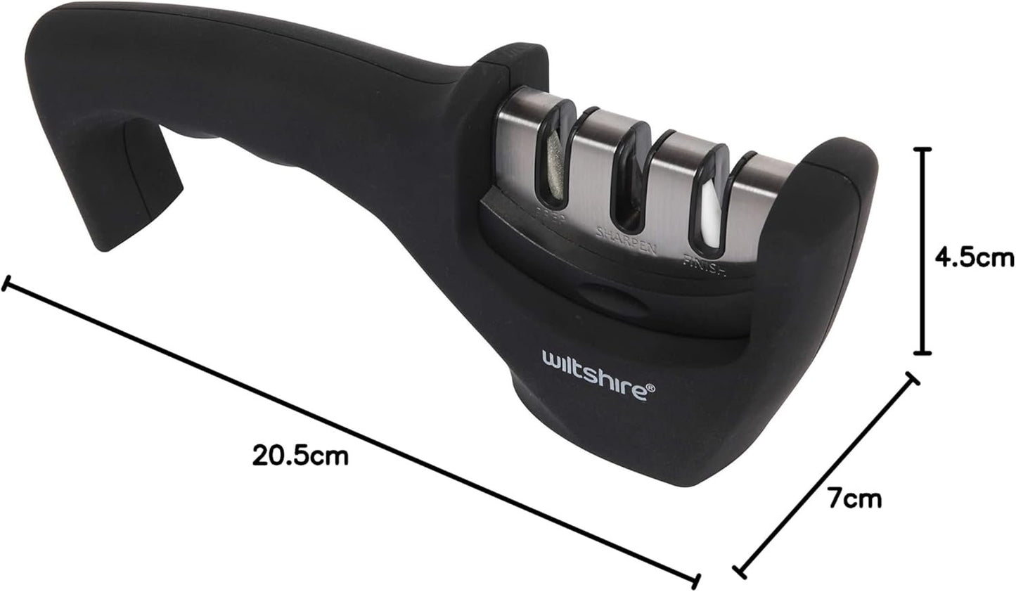 Wiltshire 3 Stage Knife Sharpener â€“ Manual Sharpener with Soft Touch Handle & Non-Slip Base, Black & Silver, Easy Alternative to Sharpening Stone or Whetstone