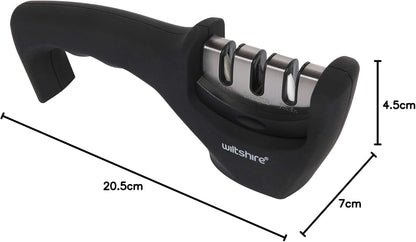 Wiltshire 3 Stage Knife Sharpener â€“ Manual Sharpener with Soft Touch Handle & Non-Slip Base, Black & Silver, Easy Alternative to Sharpening Stone or Whetstone