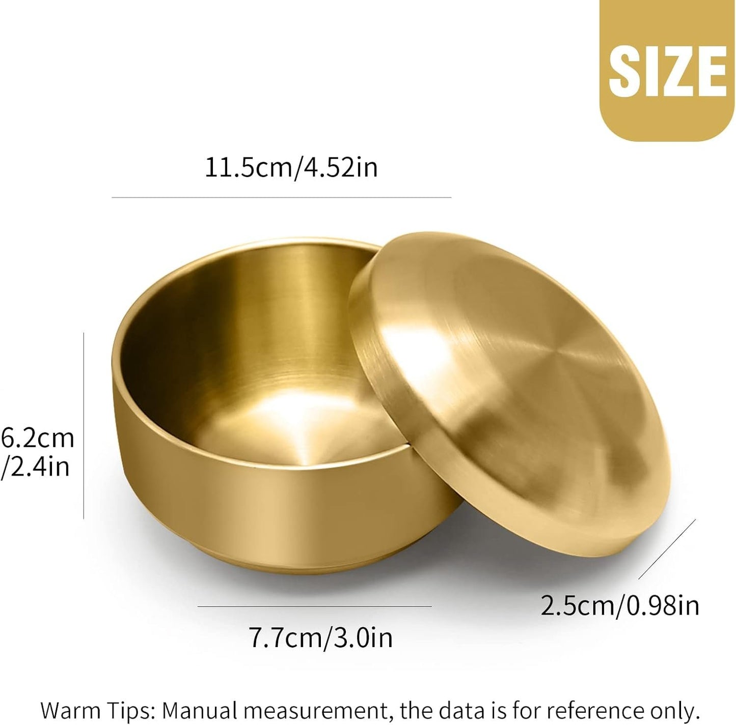 Aynaxcol Stainless Steel Rice Bowl with Lid, Set of 2, for Korean Kitchen Restaurant, Double-walled Metal Bowls, Multi-Purpose Insulated Soup Bowls Snacks Bowls (11.5cm Gold)