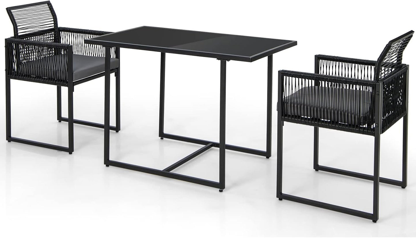 DORTALA Rattan Patio Furniture Set, 3-Piece Dining Set with Cushions, Tempered Glass Tabletop, Outdoor Wicker Small Chairs & Table Set for Backyard, Balcony, Poolside, Black