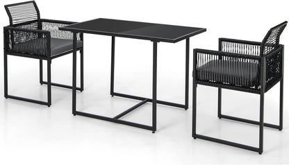DORTALA Rattan Patio Furniture Set, 3-Piece Dining Set with Cushions, Tempered Glass Tabletop, Outdoor Wicker Small Chairs & Table Set for Backyard, Balcony, Poolside, Black