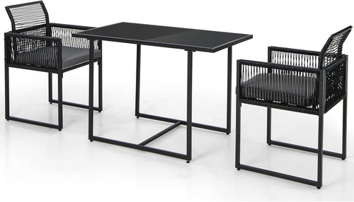 DORTALA Rattan Patio Furniture Set, 3-Piece Dining Set with Cushions, Tempered Glass Tabletop, Outdoor Wicker Small Chairs & Table Set for Backyard, Balcony, Poolside, Black