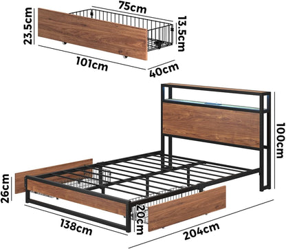 Oikiture Doubel Bed Frame with Led Light and Charge Station Metal Bed with 2 Drawers