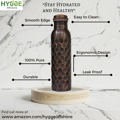HYGGE 34oz (1L) Pure Copper Water Bottle – Leak-Proof Ayurvedic Copper Bottle for Drinking – Antique Hammered Design – Ideal for Yoga, Gym, Fitness & Outdoor – Natural Wellness Benefits